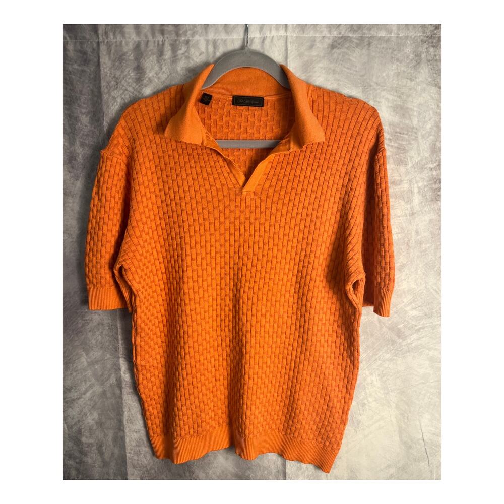 Saks Fifth Avenue Men’s Orange Textured Knit Polo Sweater Shirt Size Large